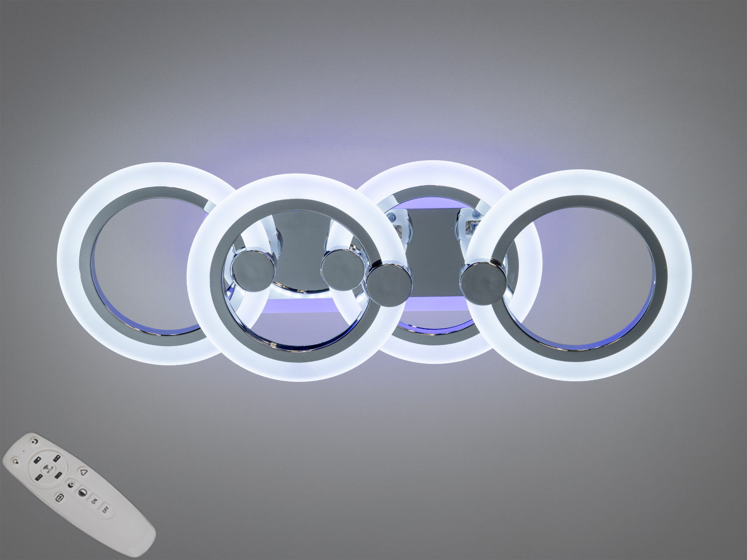 Стельова LED люстра на 4 кільця, 50 Вт, хром. Пульт, димер і теплий/нейтральний/холодний відтінки білого. Рекомендовано для приміщень орієнтовно до 9 м².