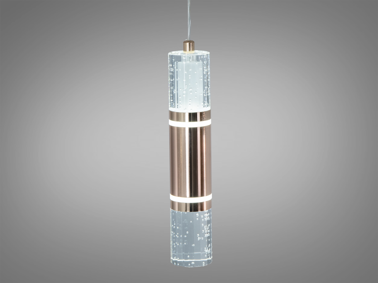 Підвісний світильник циліндричної форми з прозорими акриловими елементами та металевими вставками, підходить для сучасного інтер′єру.