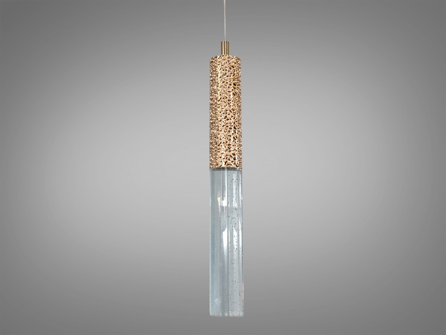 Підвісний світильник з витонченим дизайном: прозорий абажур з бульбашками і текстурований металевий верх. Підходить для спальні.