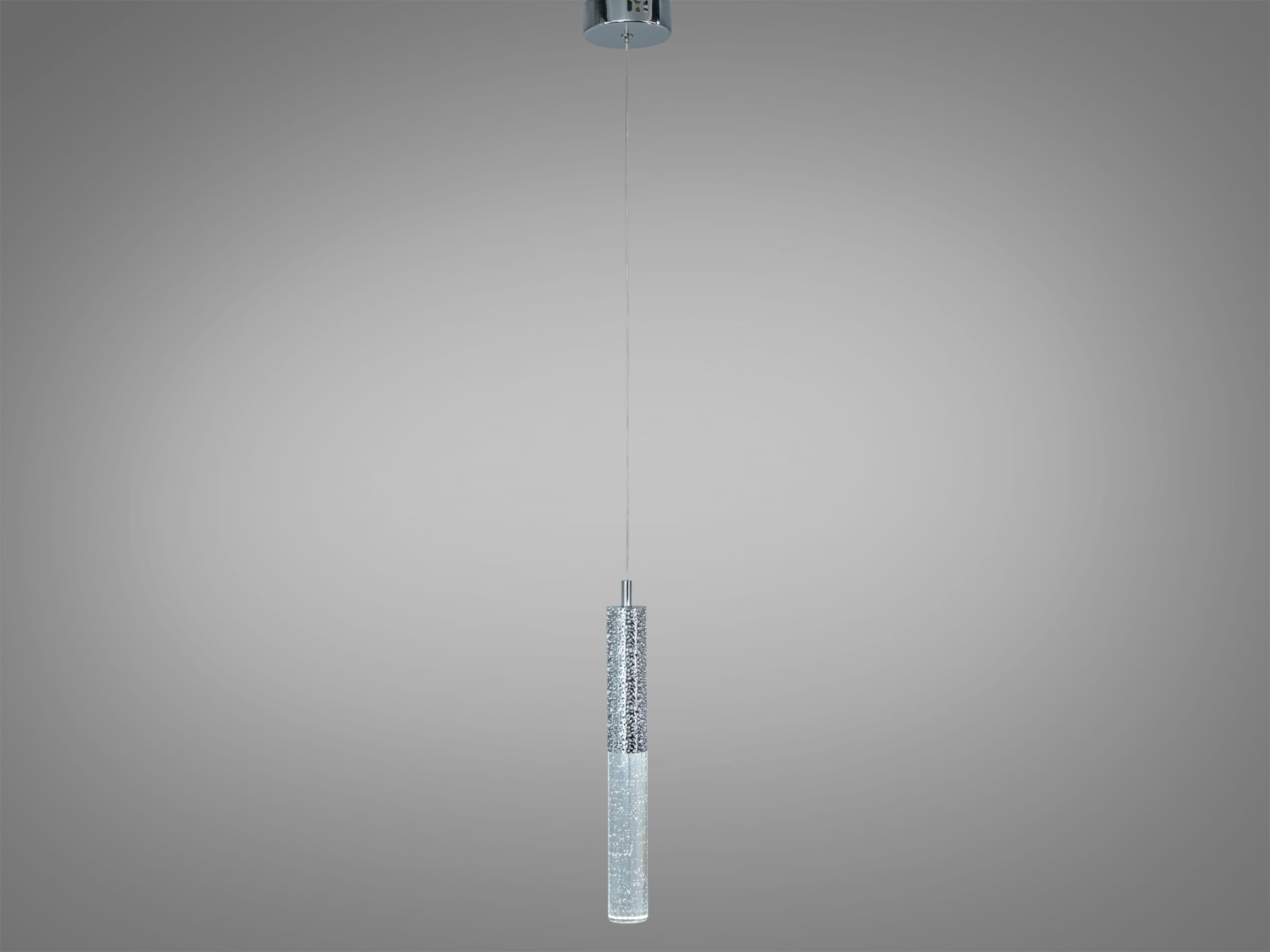 Підвісний світильник з довгим шнуром для регулювання висоти. Прозорий корпус з бульбашками додає легкості. Підходить для віталень.