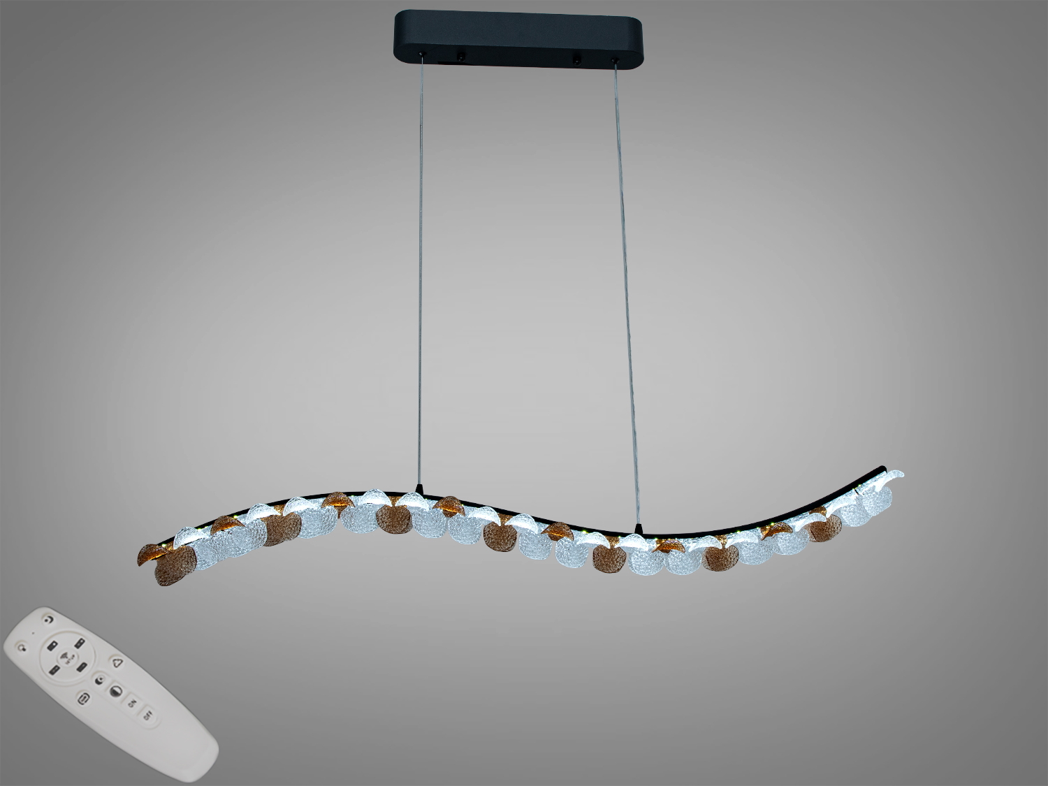 Підвісна LED люстра хвилястої форми, 55Вт, 3025 лм, чорний колір. Пульт і настінний вимикач, 3 температури 3200/4100/6500К, регульована висота. Для кімнат до 10 м². Метал і акрил.