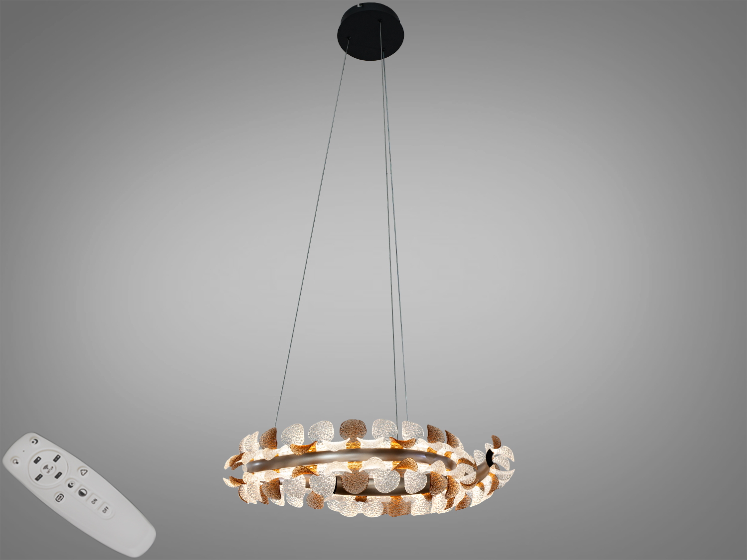 Підвісна LED-люстра Diasha, 85 Вт, 4675 лм, колір шампань. Три режими 3200K/4100K/6500K, керування пультом і вимикачем. Рекомендовано до 15 м².