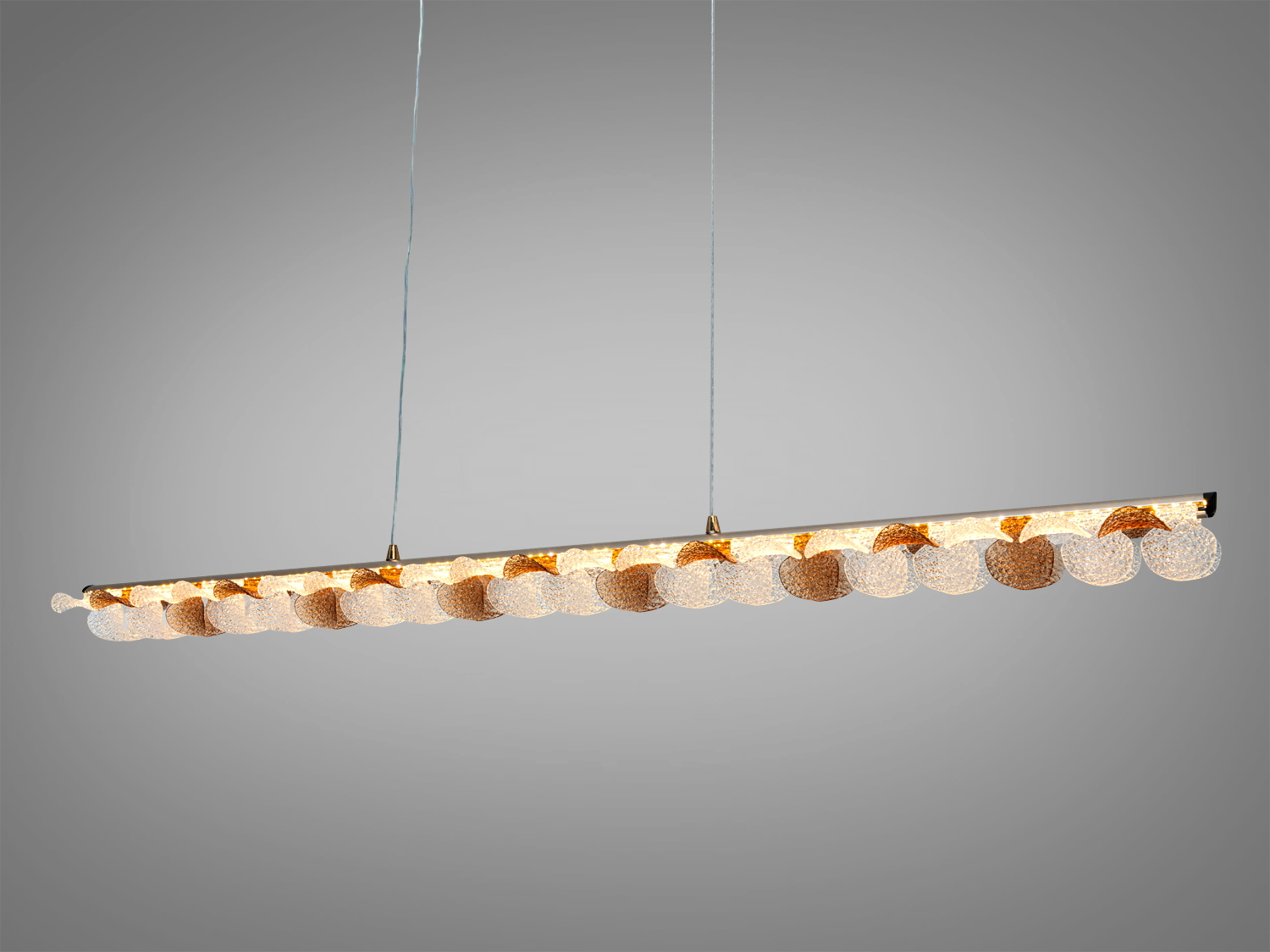 Підвісний світильник з круглими декоративними акриловими елементами, тепле світло, ідеально підходить для вітальні або їдальні.