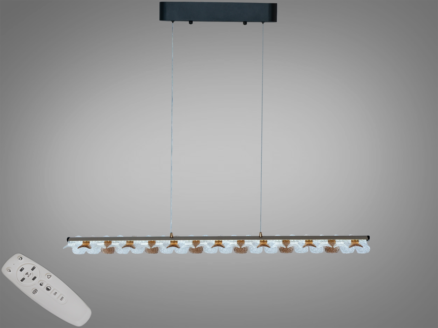 Підвісна LED люстра у відтінку шампань, 55Вт, ≈3025 лм. Три режими 3200К/4100К/6500К, пульт і настінний вимикач, регульована висота. Для зон до 10 м². Метал і акрил.