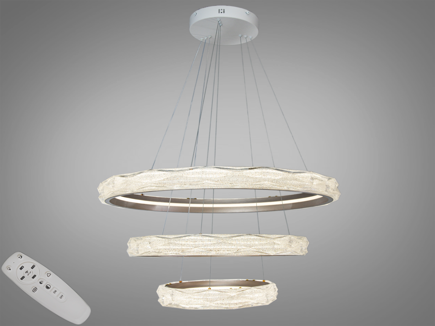 Підвісна люстра LED Diasha, шампань, 3 кільця. 170 Вт, 9350 лм, освітлення до ~30 м². Керування пультом і вимикачем, три режими 3200/4100/6500К. Метал і акрил.