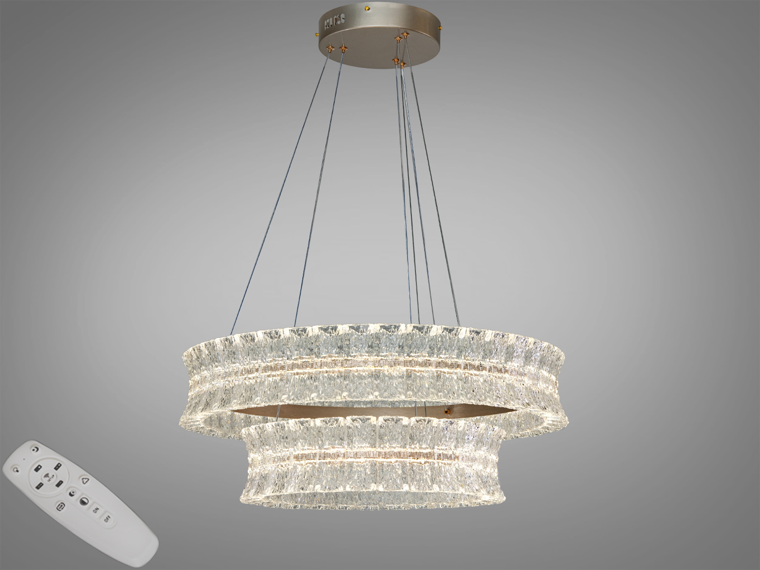 Світлодіодна підвісна люстра Diasha, шампань, 52 Вт, 2860 лм. Два кільця 60 і 40 см, пульт та настінний вимикач, 3 температури світла, регульована висота. До ≈9 м².