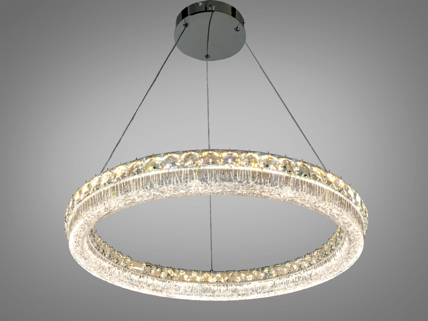 Світлодіодна люстра з круглим акриловим обрамленням, підвісна конструкція, регулюється дистанційно, підходить для вітальні.