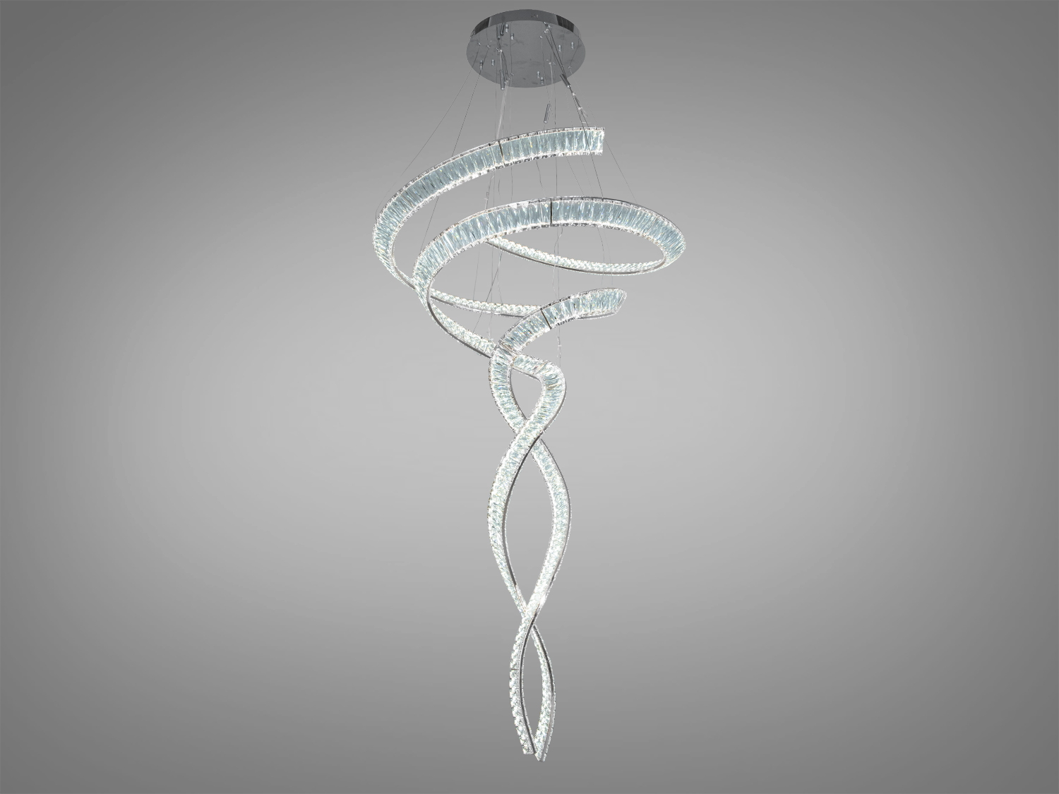 Кришталева підвісна LED люстра Diasha у хромі, 285 Вт. Спіральний дизайн для просторів до ~50 м² та приміщень з високими стелями.