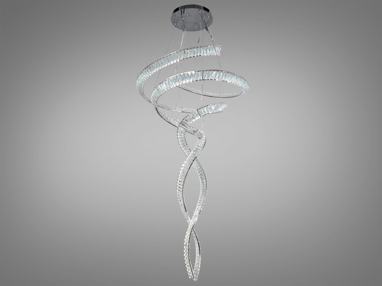 Світлодіодна люстра з витонченою спіральною конструкцією, виготовлена з прозорого матеріалу, ідеальна для просторих приміщень.