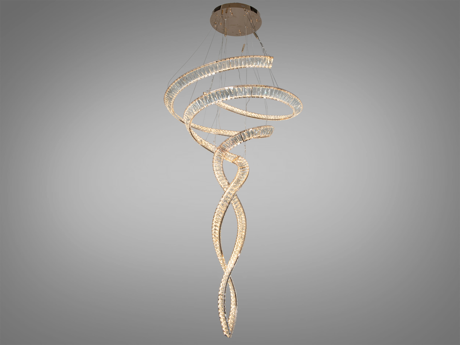 Кришталева підвісна LED люстра в золоті 285 Вт з пультом. Висота близько 180 см, рекомендована для кімнат до 50 м² і високих стель.