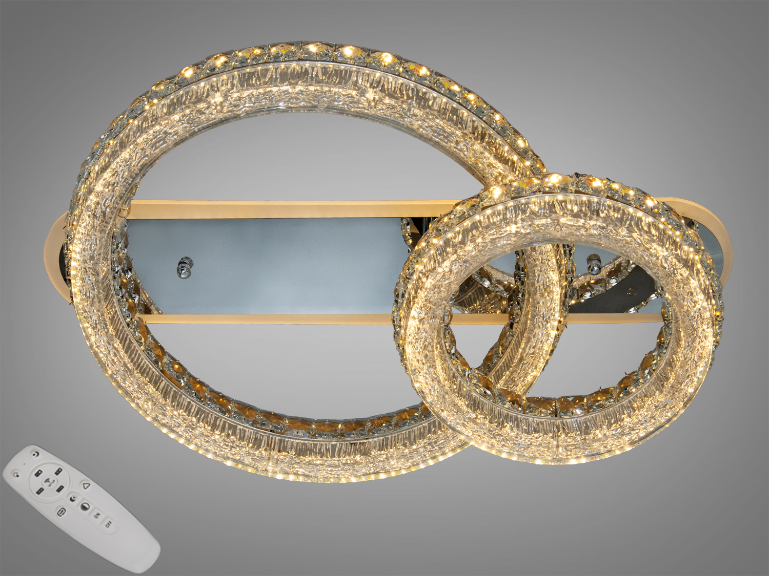 Стельова LED люстра з двома кільцями, хром, 140 W, ~7700 lm. Три температури світла 3200K/4100K/6000K, пульт і настінний вимикач, регулювання висоти, до ~25 м².