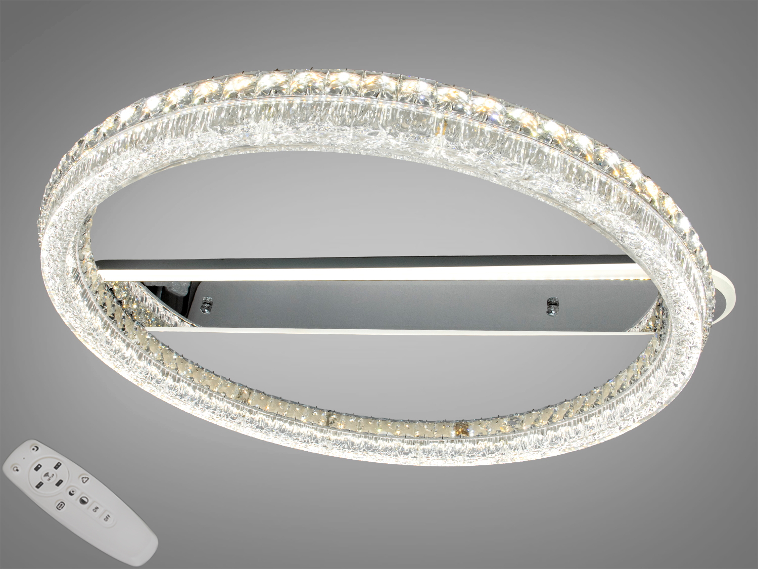 Стельова LED-люстра Diasha, хром, 150 Вт, 8250 лм. Кільцевий модуль з акриловим розсіювачем, пульт і настінний вимикач, 3200–6000K. Для кімнат до 26 м².