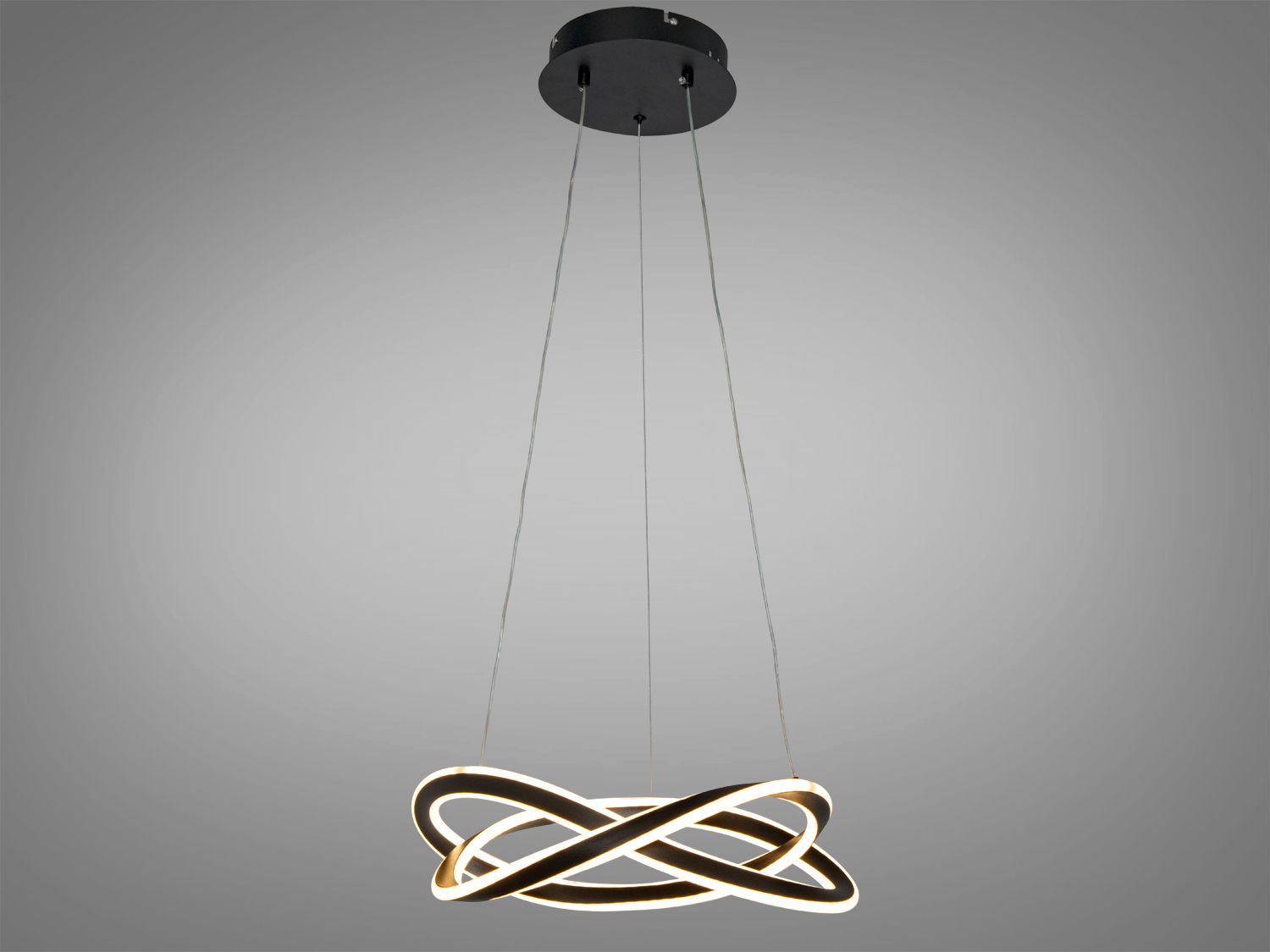 Світильник на підвісі з круглою основою, LED-кільця створюють м′яке освітлення, підходить для вітальні.