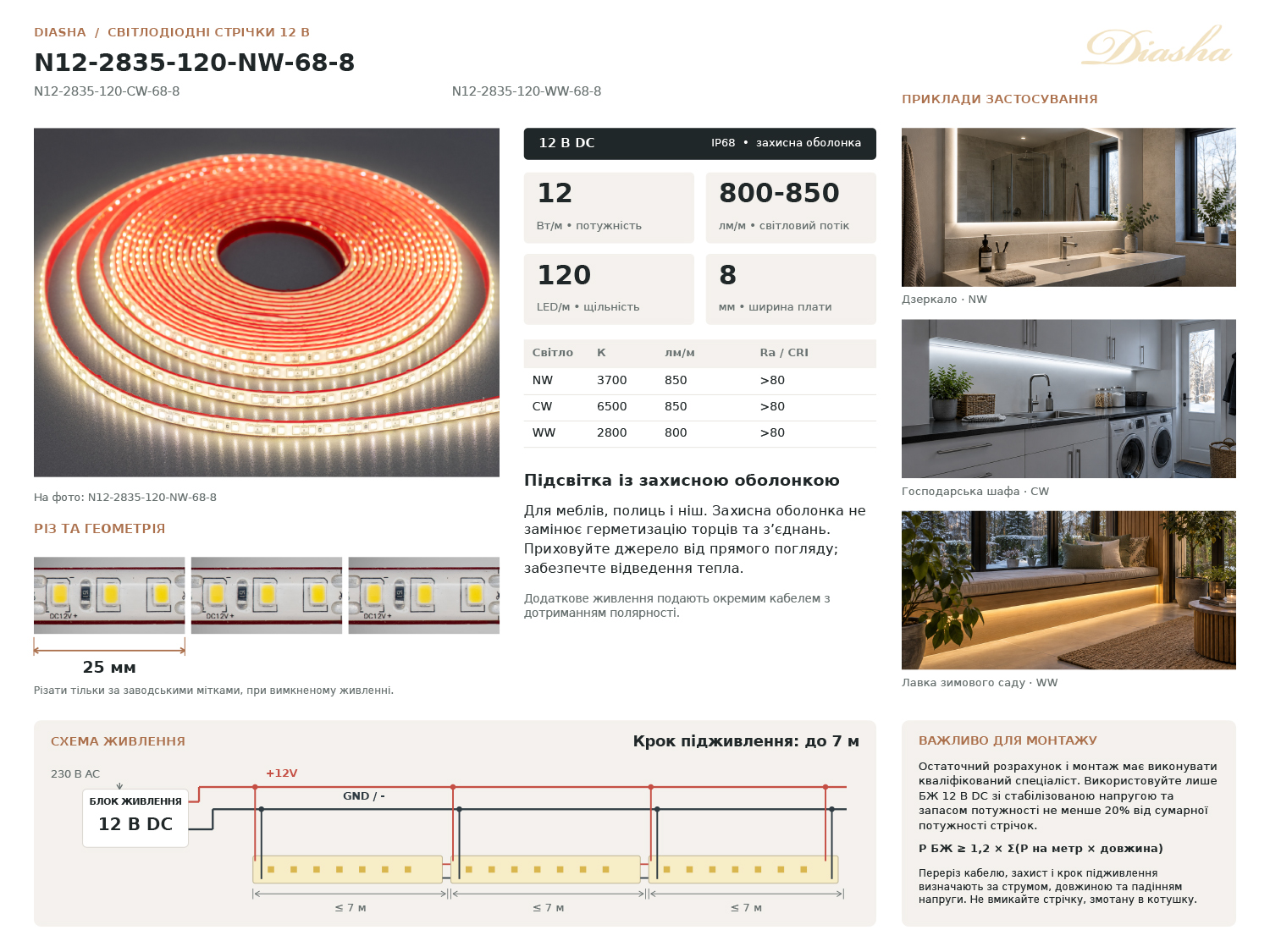 LED стрічка 12В, 120 шт/м, герметична, 8мм, теплий
