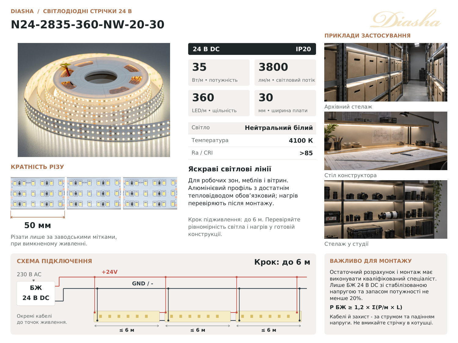 LED стрічка 24В, 360 діодів на метр, 30мм, нейтральний
