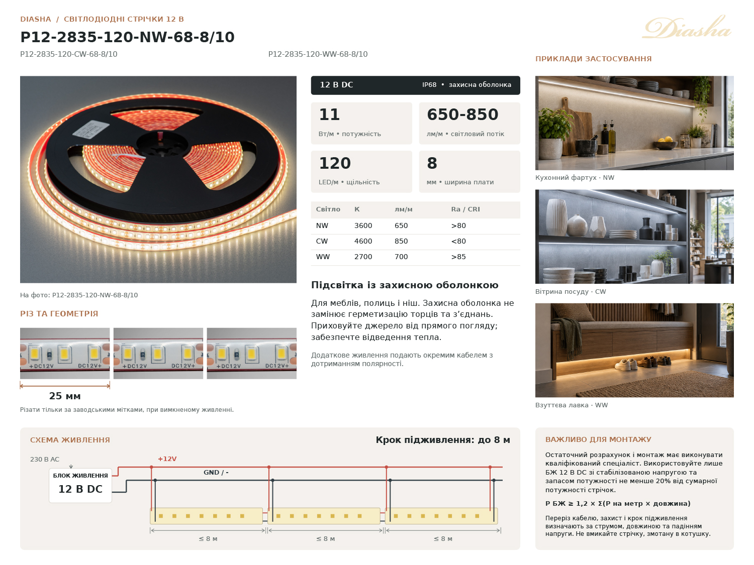 LED стрічка 12В, 120 шт/м, герметична, 8мм, теплий