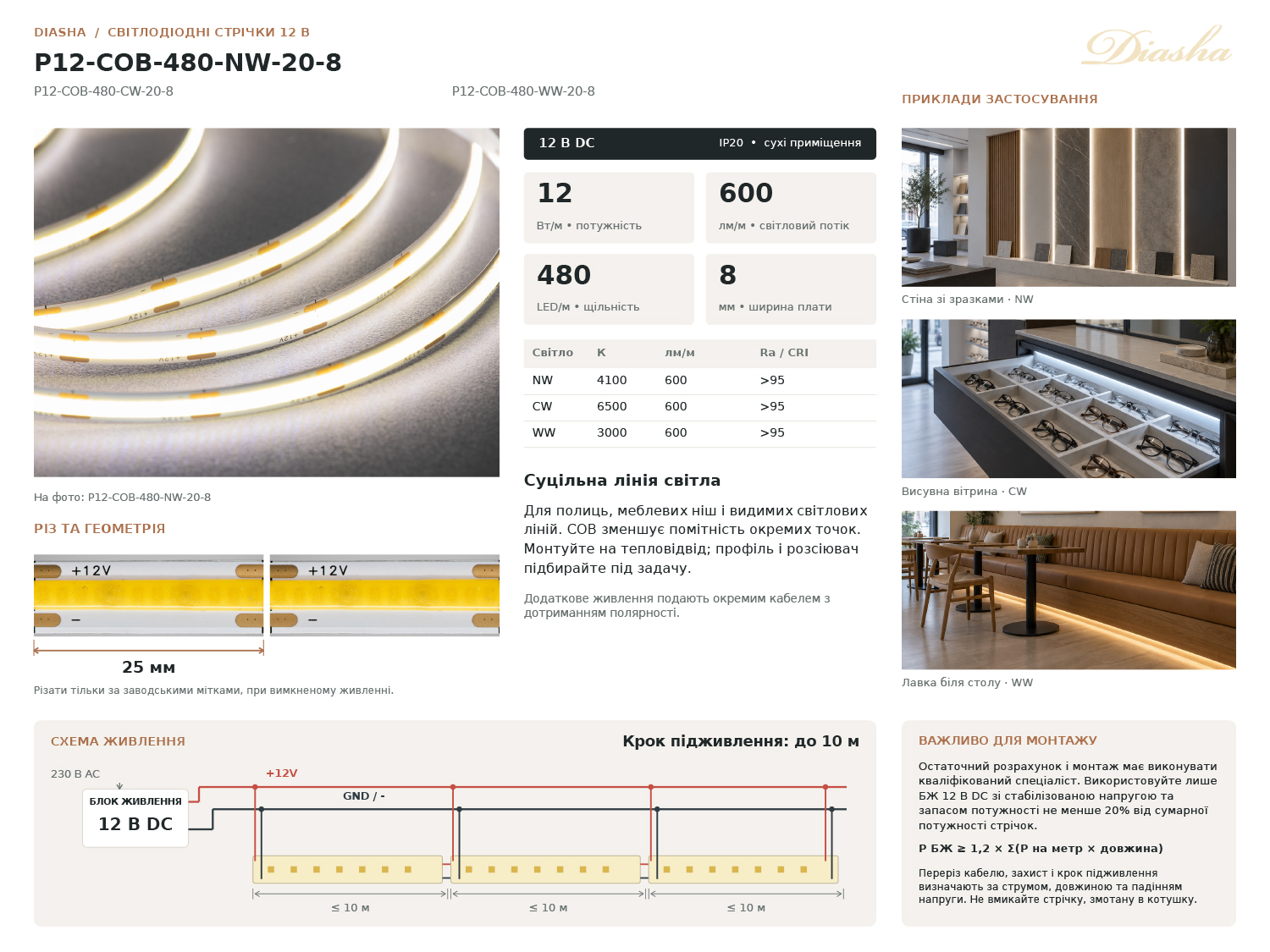 COB LED стрічка 12В, 480 діодів на метр, 8мм, нейтральний