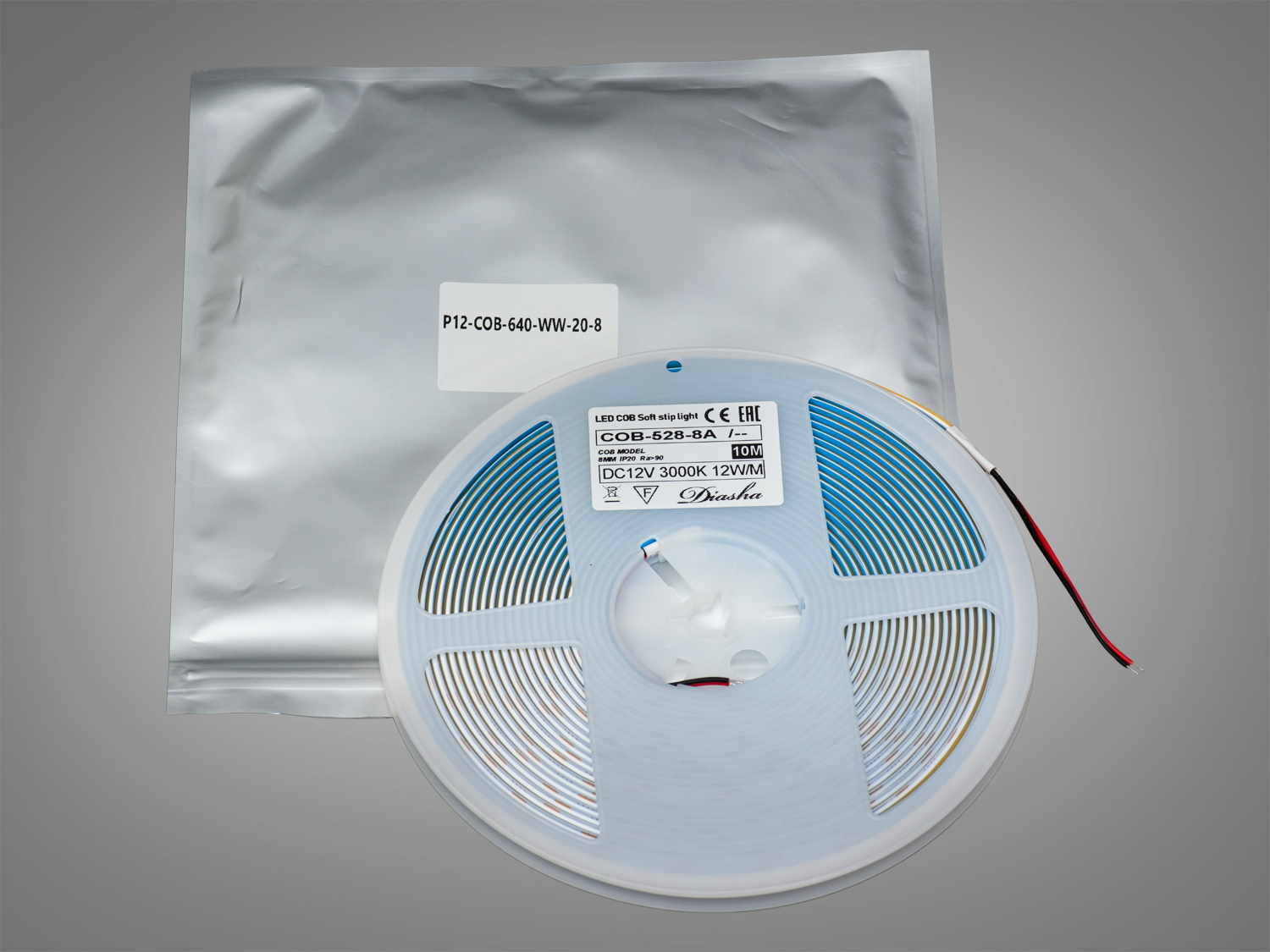 COB LED стрічка 12В, 640 діодів на метр, 8мм, теплий