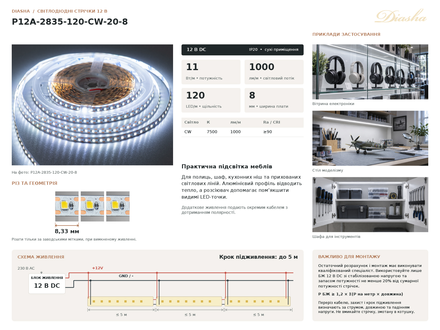 LED стрічка 12В, 120 діодів на метр, 8мм, холодний