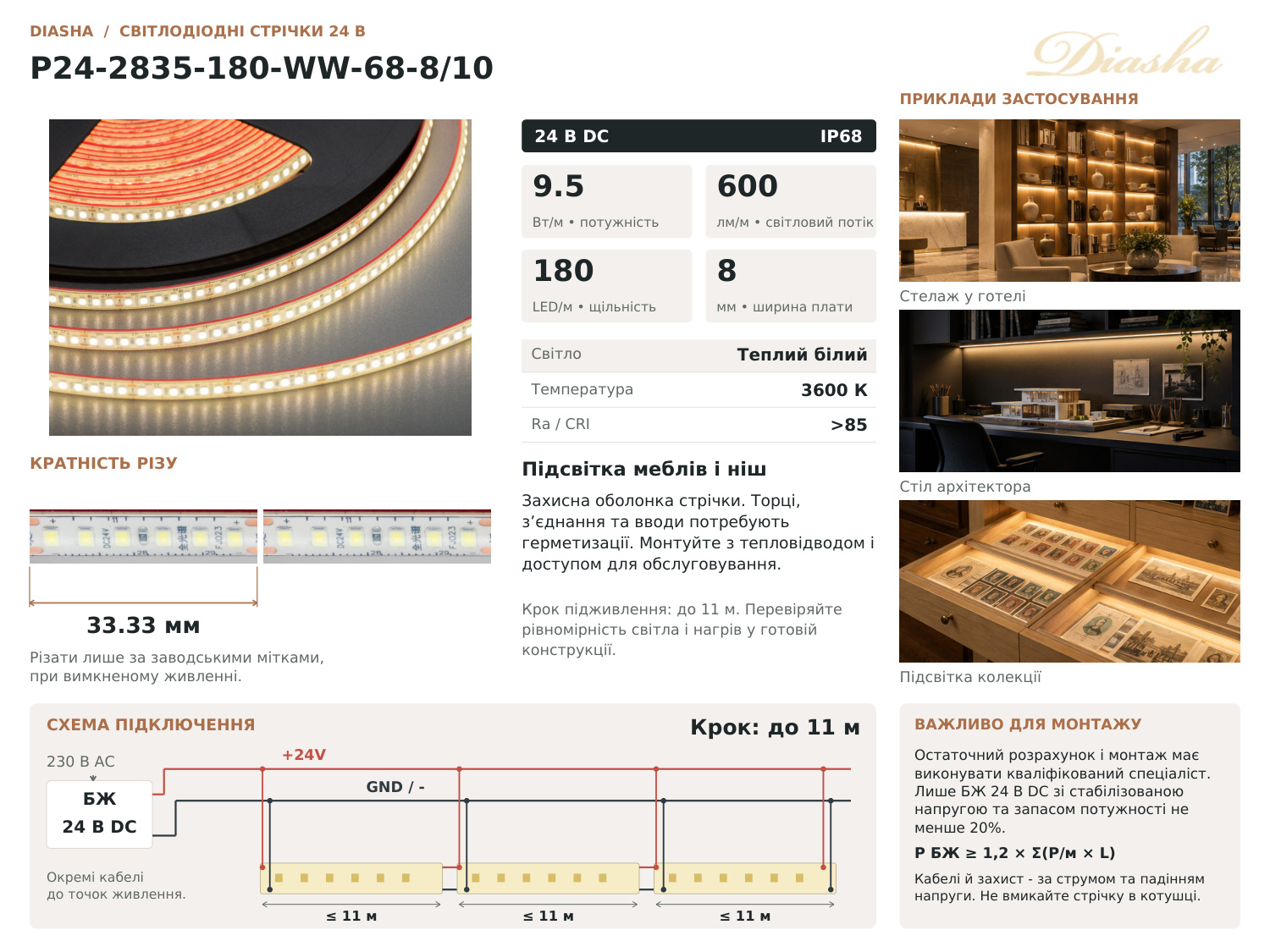 LED стрічка 24В, 180 шт/м, герметична, 8мм, теплий