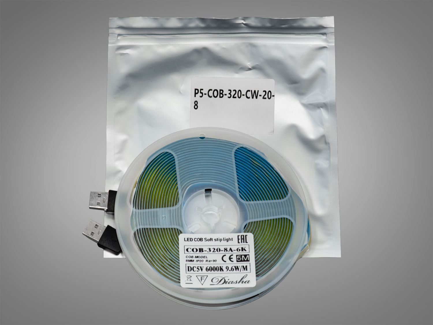 LED стрічка 5В з USB, 120 діодів на метр, 8мм, холодний