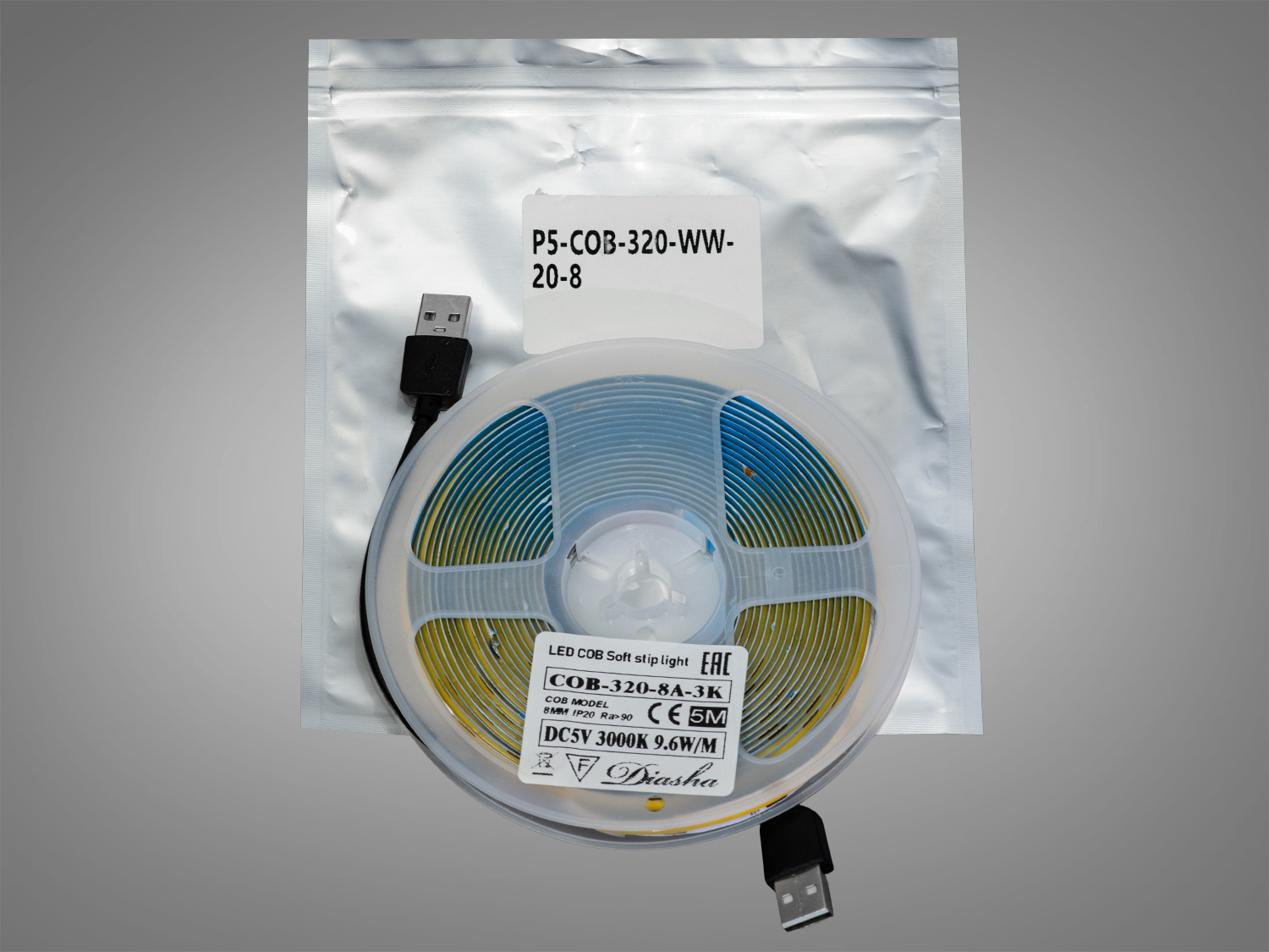 LED стрічка 5В з USB, 120 діодів на метр, 8мм, теплий