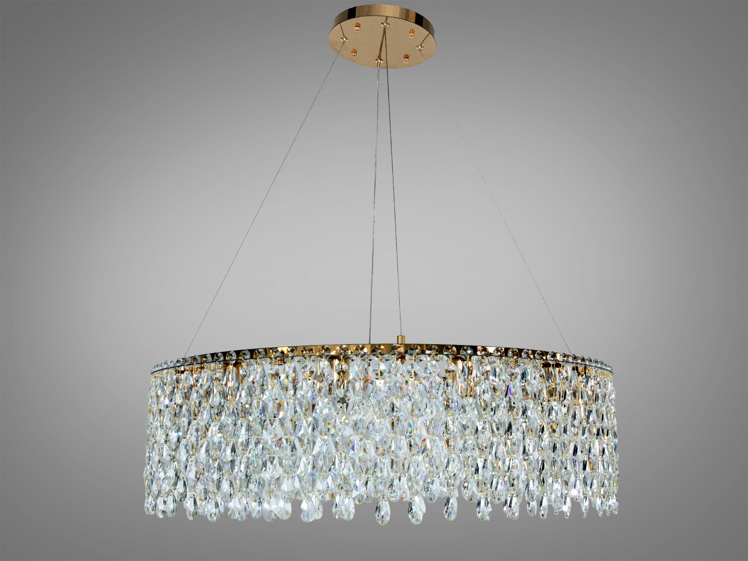 Підвісна кришталева люстра у золоті, 12xE14. Освітлення до ≈25 м², регульована висота, металевий каркас, каскад кришталю. Керування настінним вимикачем. Лампочки не входять.