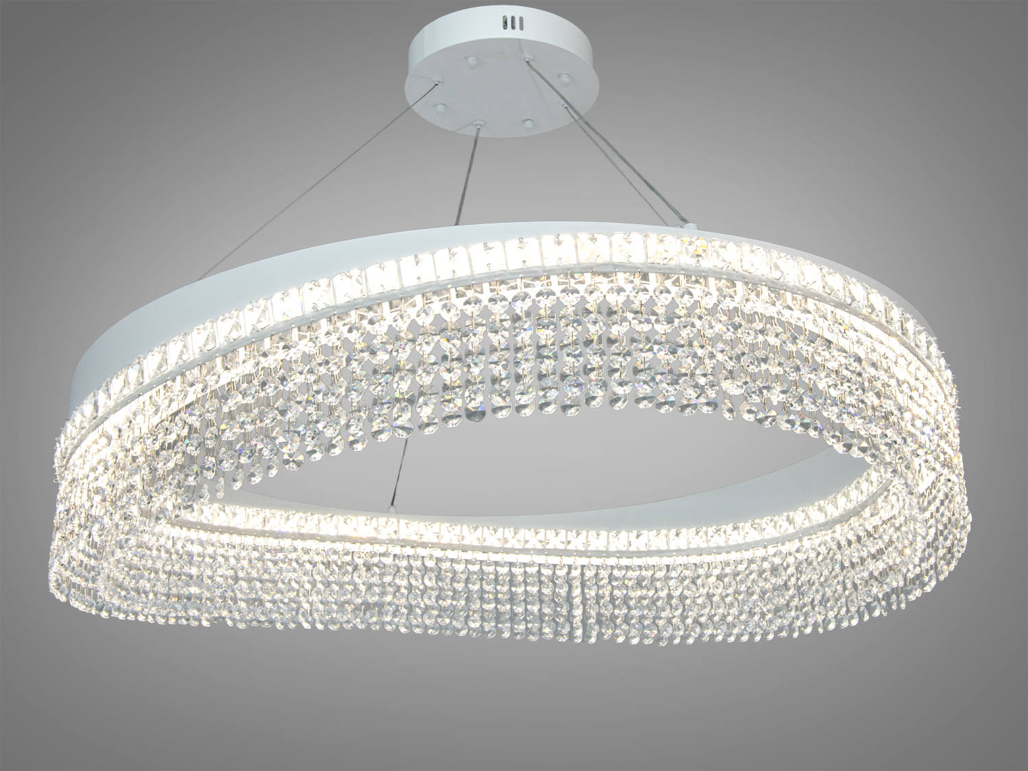 Кришталева LED-люстра Diasha 376-400CH, хром, 70 Вт, двохрівневі підвіски. Підходить для віталень і залів з акцентом на центральне освітлення.