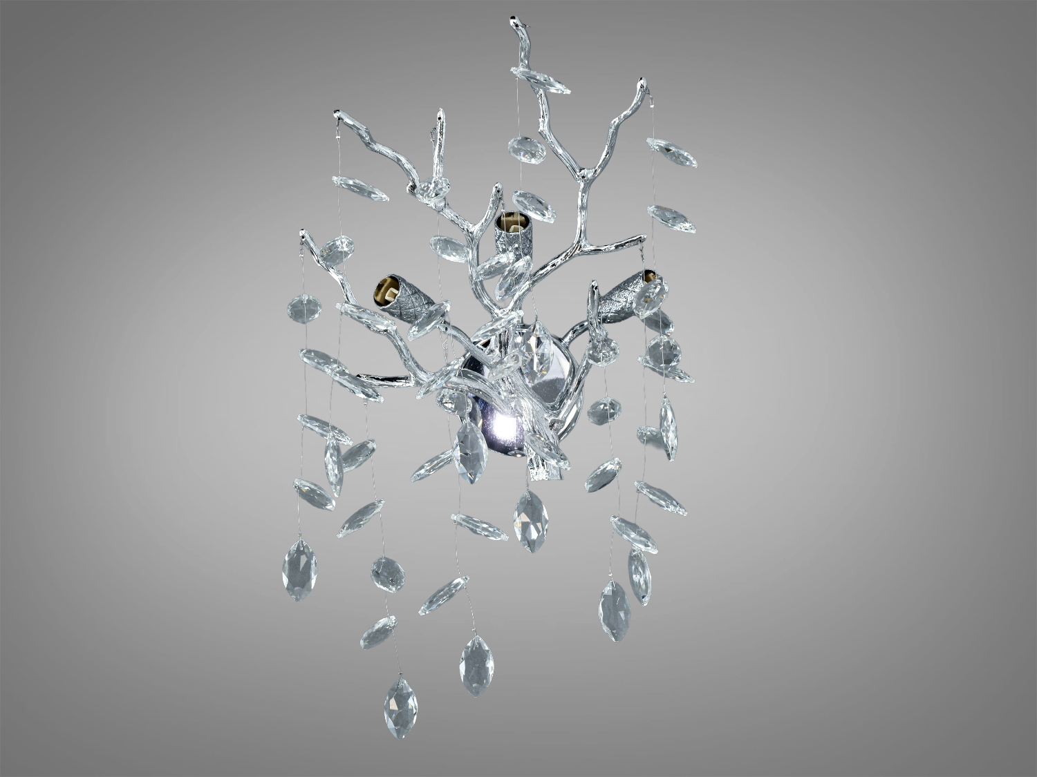 Кришталеве бра у хромі з гнучкими «гілками» та 3 патронами G9. Настінний вимикач, кришталеві підвіски, класичний образ. Відтінок на екрані може відрізнятися.