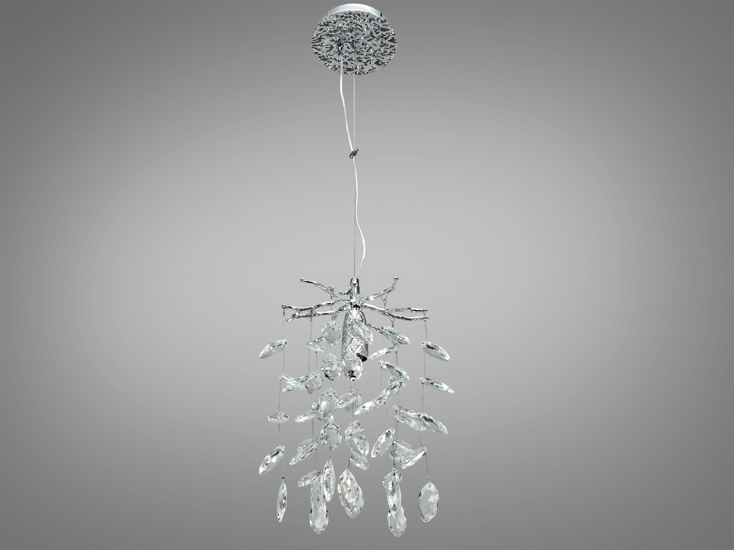 Кришталева підвісна люстра у хромі з 1xE14 і регульованою висотою. Алюмінієвий каркас, монтажна планка, кришталеві підвіски. Для декоративного підсвічування.