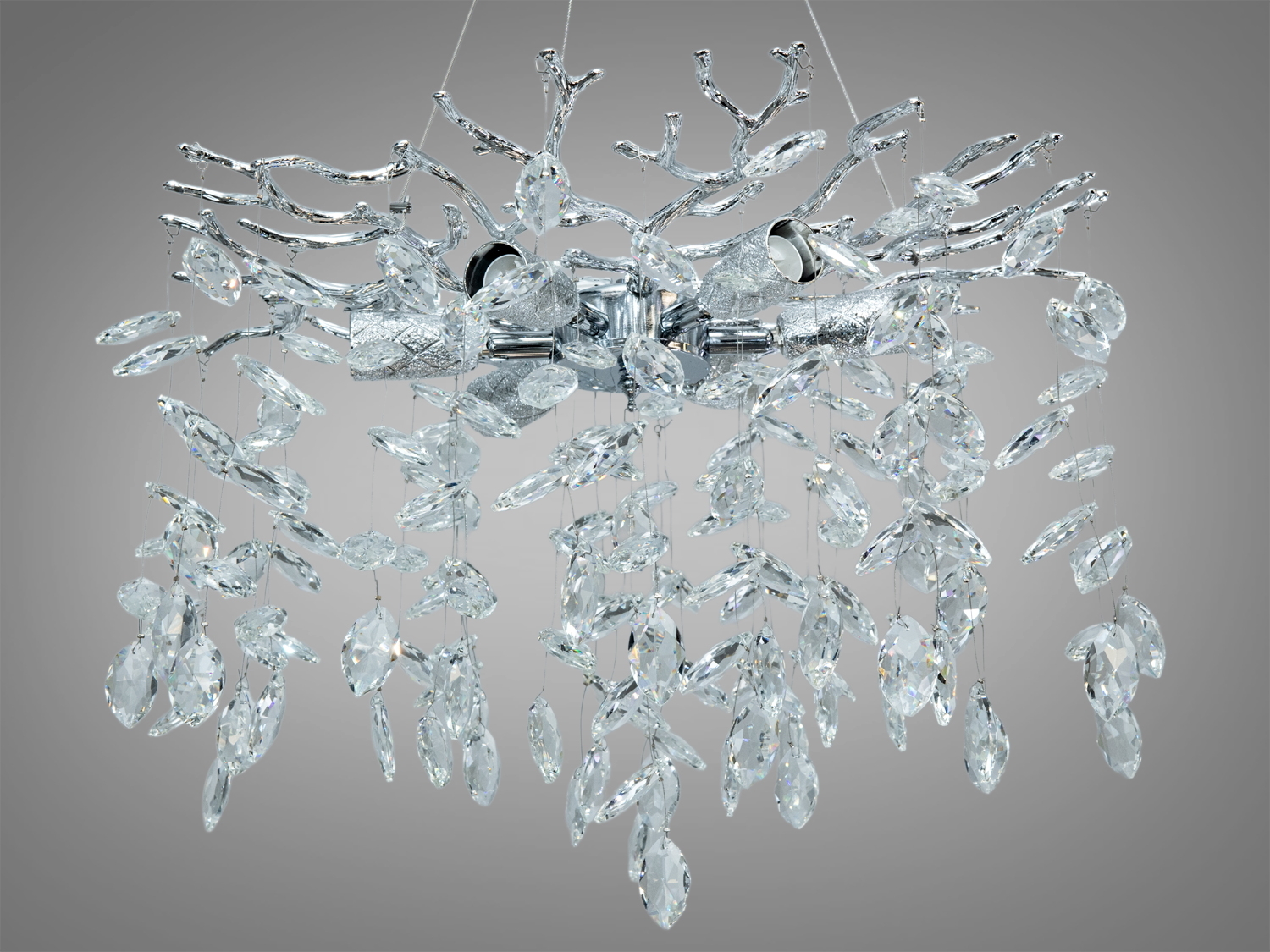 Підвісна кришталева люстра Diasha «Гліцинія», хром, 6xE14. Регульована висота, монтажна планка, для кімнат до ≈12 м². Алюмінієвий каркас, кришталеві підвіски.