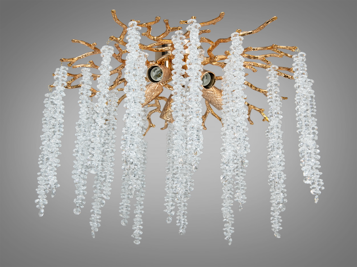 Стельова кришталева люстра Diasha «Гліцинія» золото: 5xE14, Ø55 см, H 32 см, для кімнат ≈12 м². Алюмінієвий каркас, монтажна планка, настінне керування.