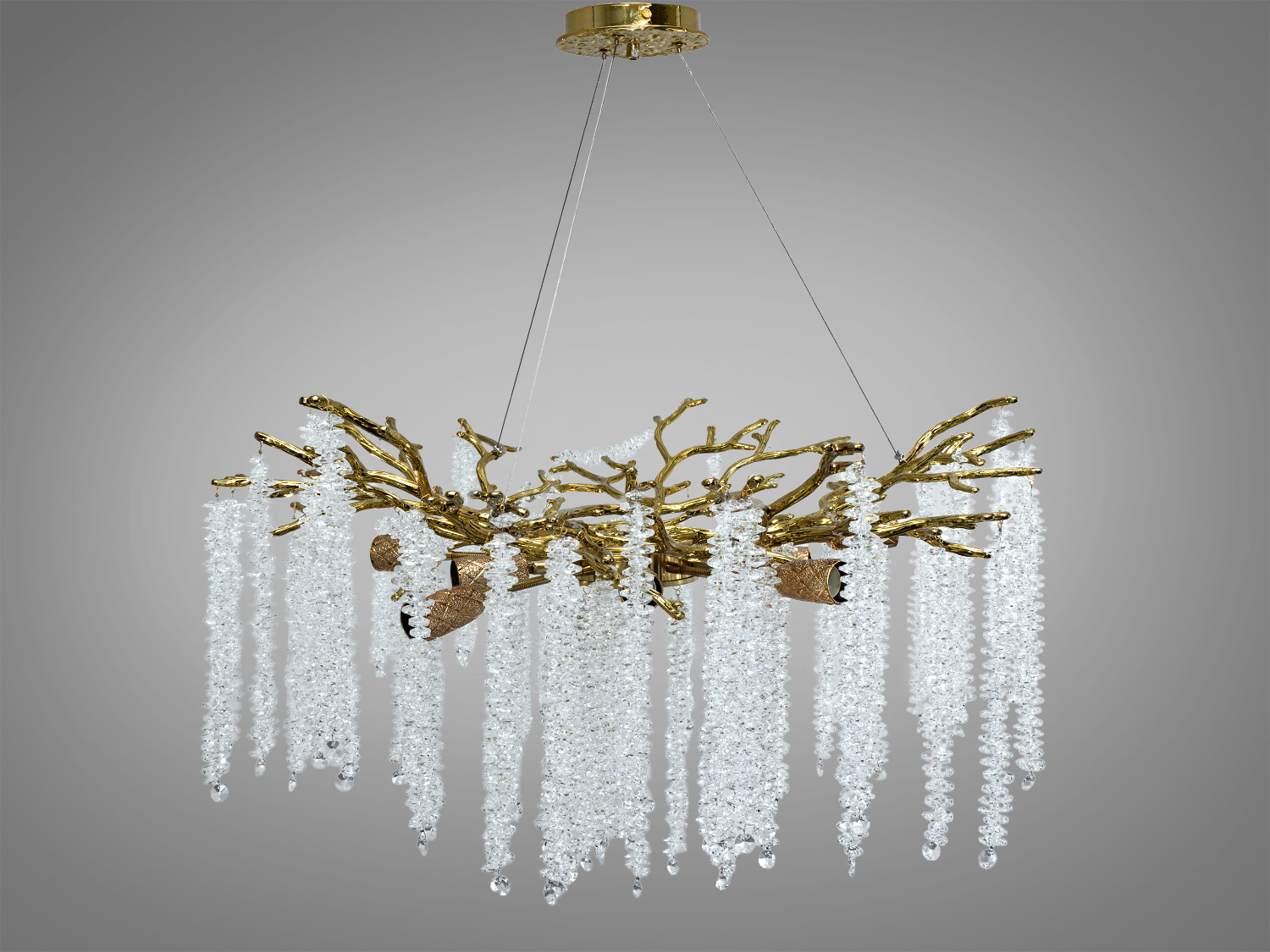 Підвісна люстра з кришталевими підвісками, що імітують бурульки, з гілками бронзового кольору, ідеальна для вітальні.