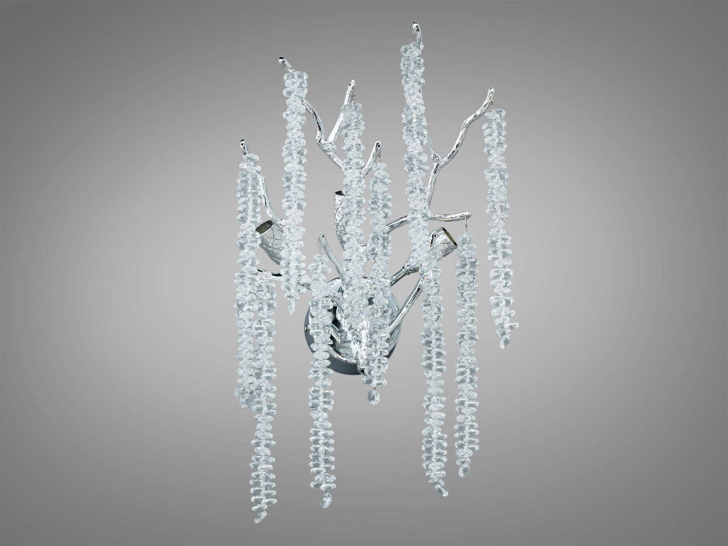 Настінне бра Diasha «Гліцинія» у хромі з 3 патронами G9 та кришталевими підвісками. Регульована алюмінієва основа, керування настінним вимикачем. Для вітальні, спальні, холу.