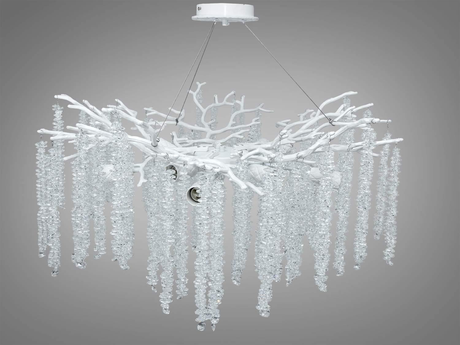 Підвісна кришталева люстра «Гліцинія», біла, діаметр 75 см, 10xE14. Для кімнат до 20 м², алюмінієвий каркас, регульована висота, монтаж на планку.