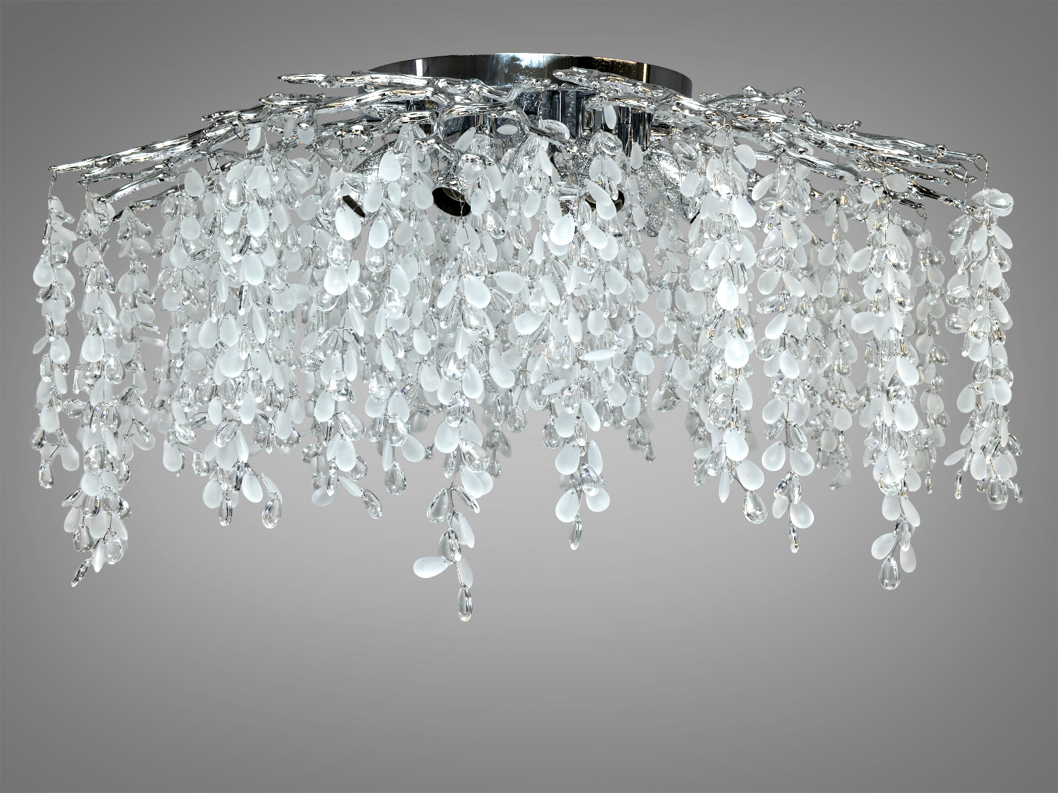 Стельова кришталева люстра Diasha Гліцинія, хром, 9xE14. Для кімнат до 18 м². Алюмінієвий каркас, монтажна планка, керування настінним вимикачем. Каскад підвісів створює «водоспад» світла.