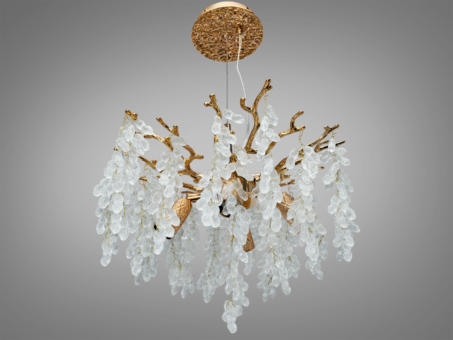 Люстра з декоративним кріпленням, з якого звисають підвіски у вигляді виноградних грон. Виготовлена з прозорого матеріалу.