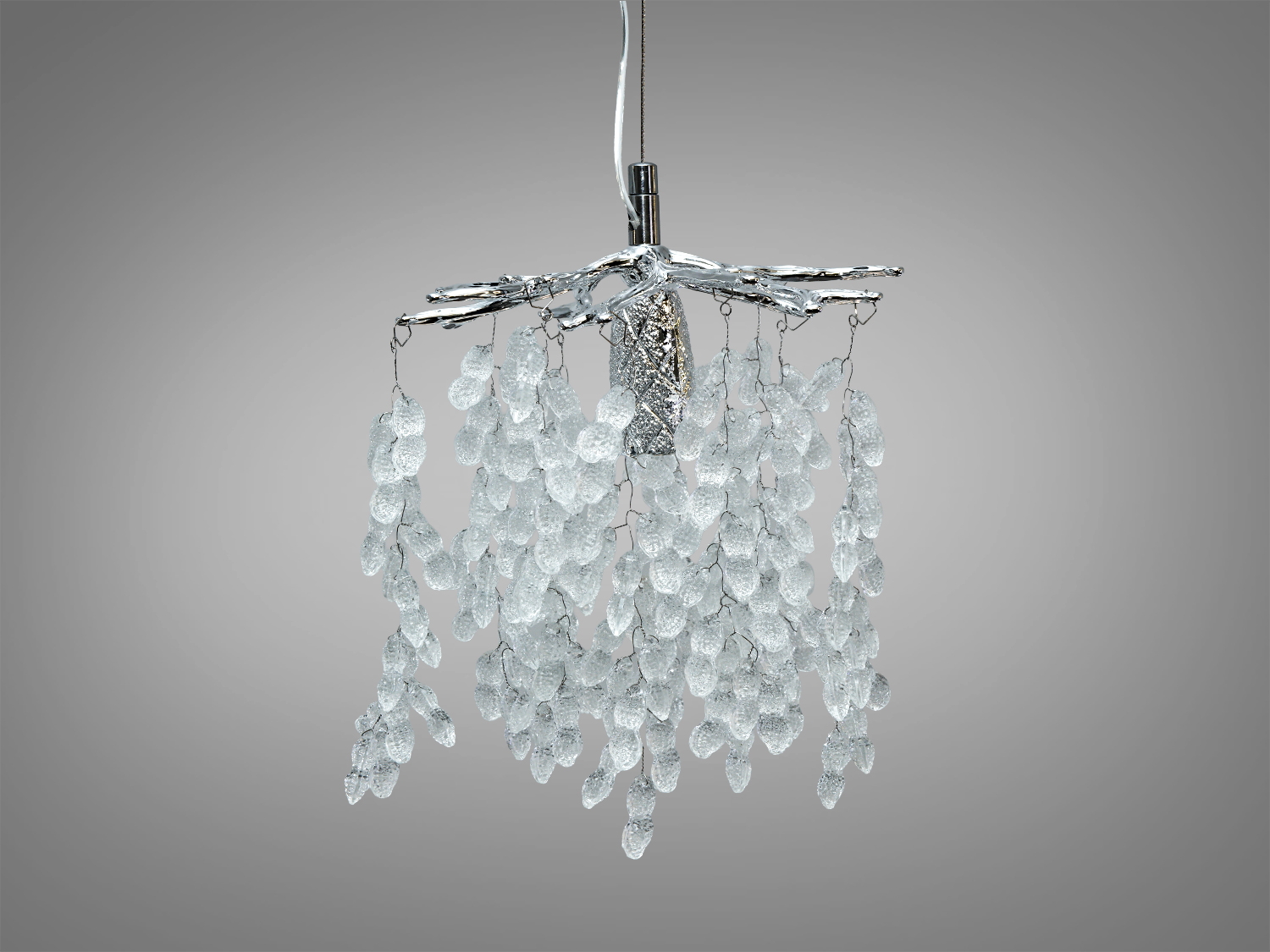 Підвісна кришталева люстра Гліцинія, хром, 1xE14. Алюмінієвий каркас, монтажна планка, регульована висота. Декоративне підсвічування, сумісна з комплектами 8088.