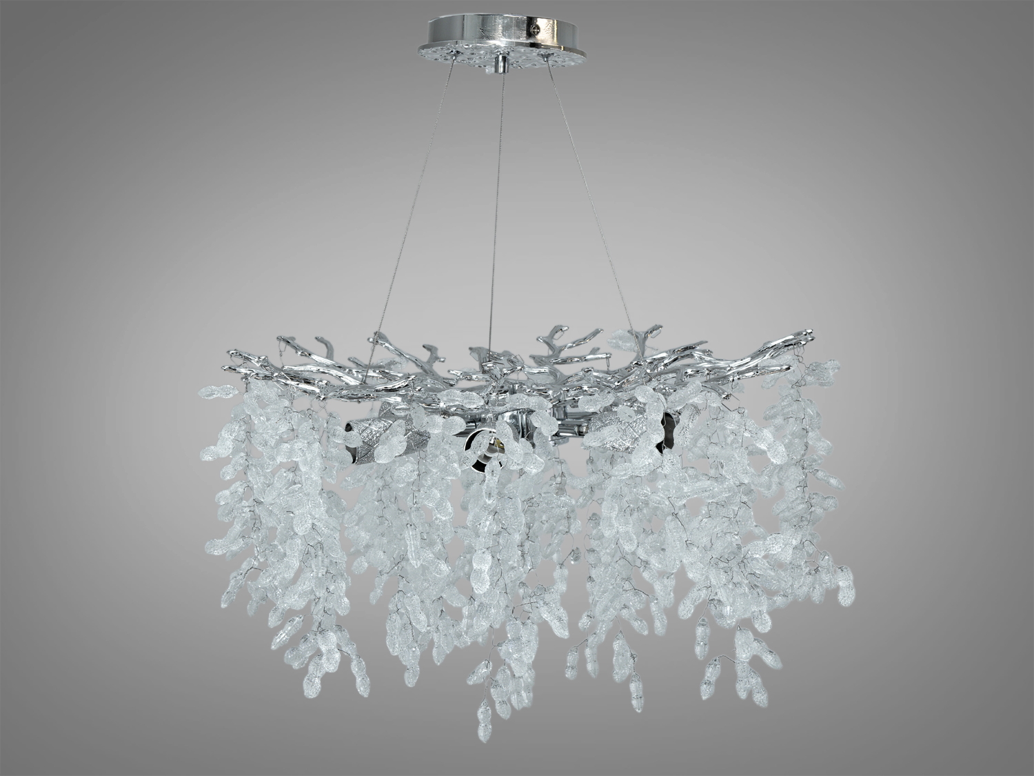 Кришталева підвісна люстра Гліцинія, хром, Ø52 см, 6xE14. Регульована висота, монтажна планка, для кімнат до ~12 м². Алюмінієвий каркас, каскад кришталю.