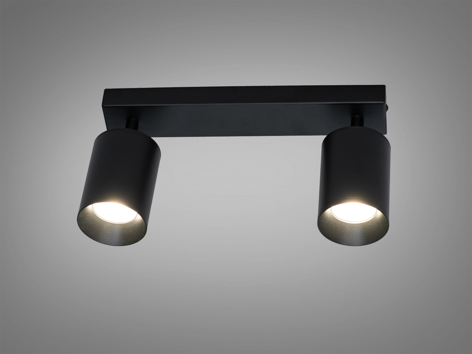 Чорний стельовий світильник з двома циліндричними лампами, що випромінюють м′яке світло. Підходить для сучасного інтер′єру.