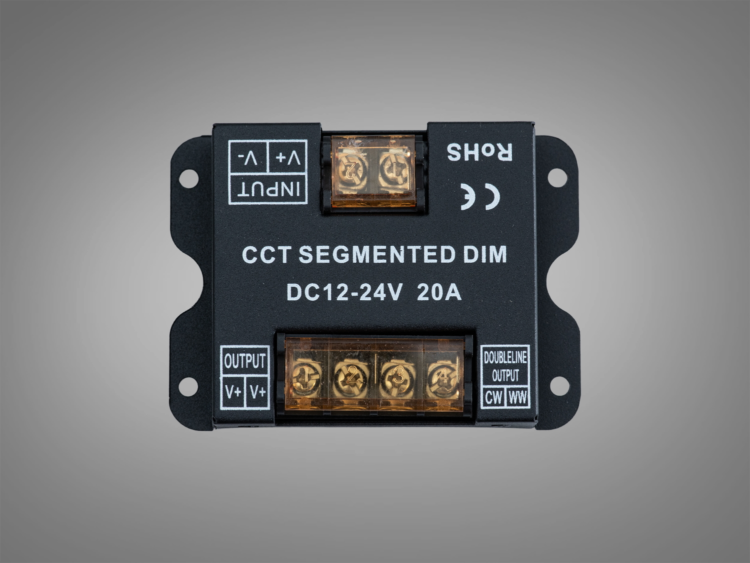 Контролер CCT Segmented Dim для світлодіодних стрічок, чорний корпус, вхід 12-24В, 20А, з отворами для монтажу на поверхню.