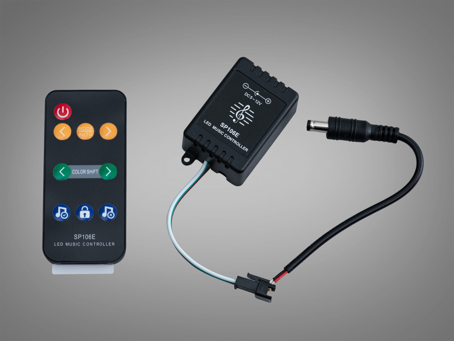 Музичний SPI контролер з пультом для моноадресних LED. 3‑провідне підключення, режими під музику, регулювання швидкості та яскравості для домашнього підсвічування.