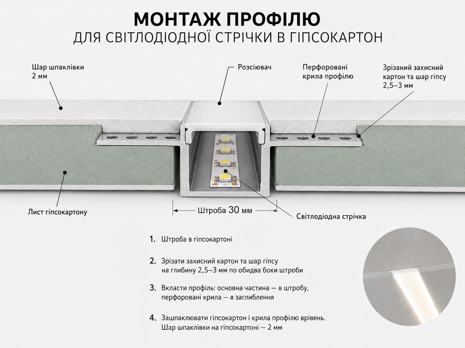 Профіль для LED стрічки під штукатурку 2 м 62x14 (ціна за 2 метри)