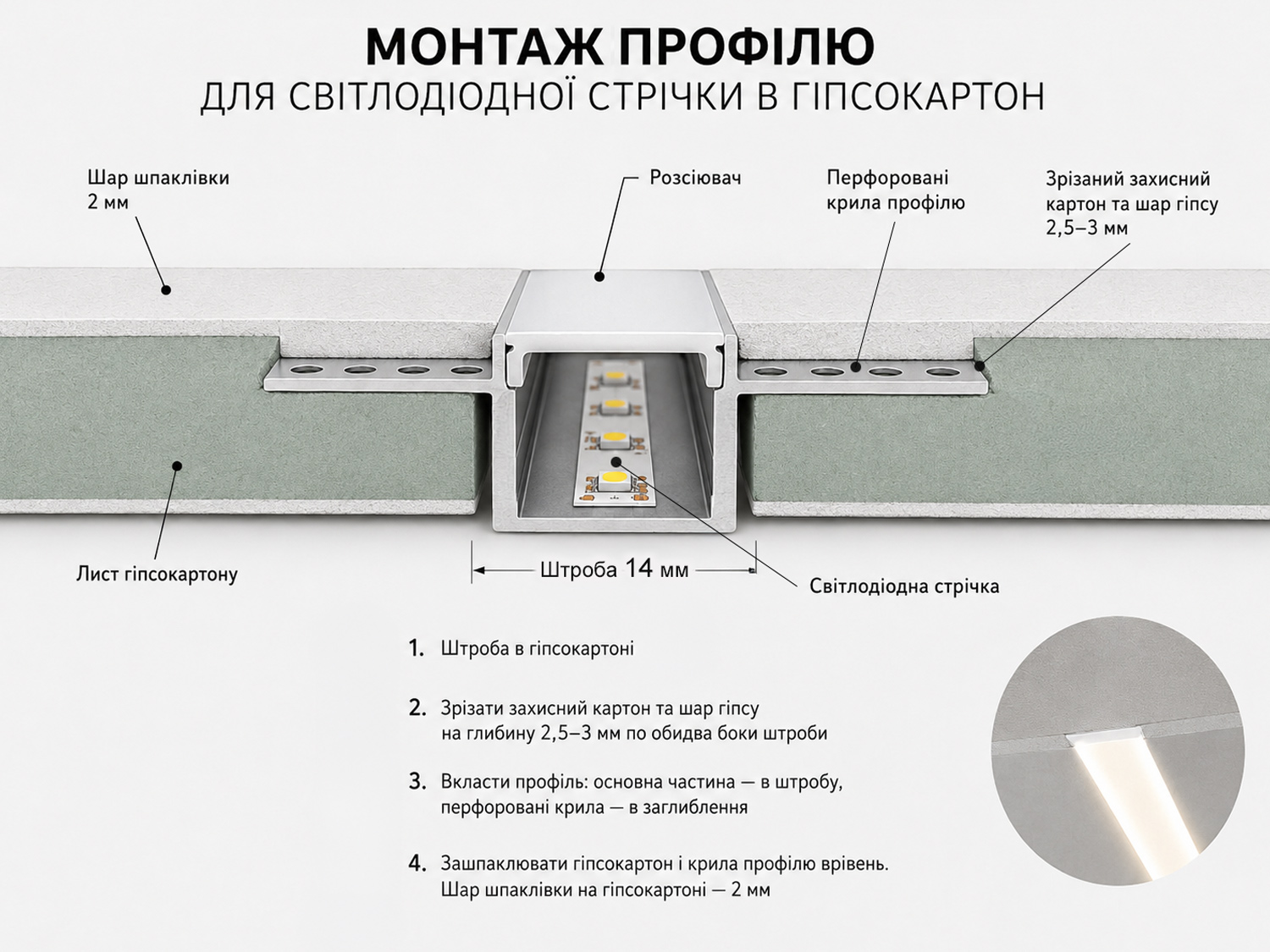 Гнучкий профіль для LED стрічки, під штукатурку (ціна за 3 метри)