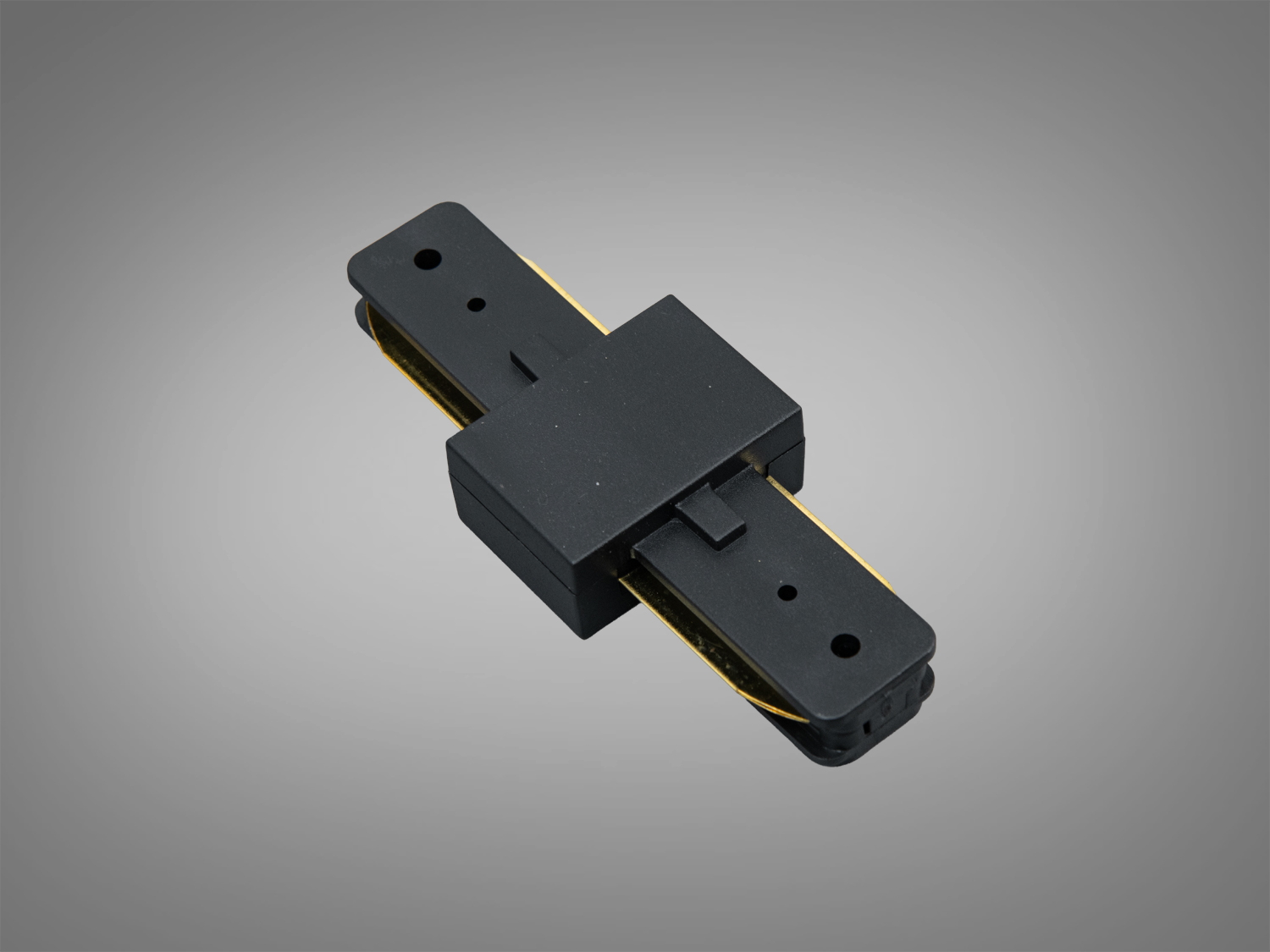 Чорний пластиковий з′єднувач для трекової системи освітлення, прямокутна форма, підходить для стельового монтажу.