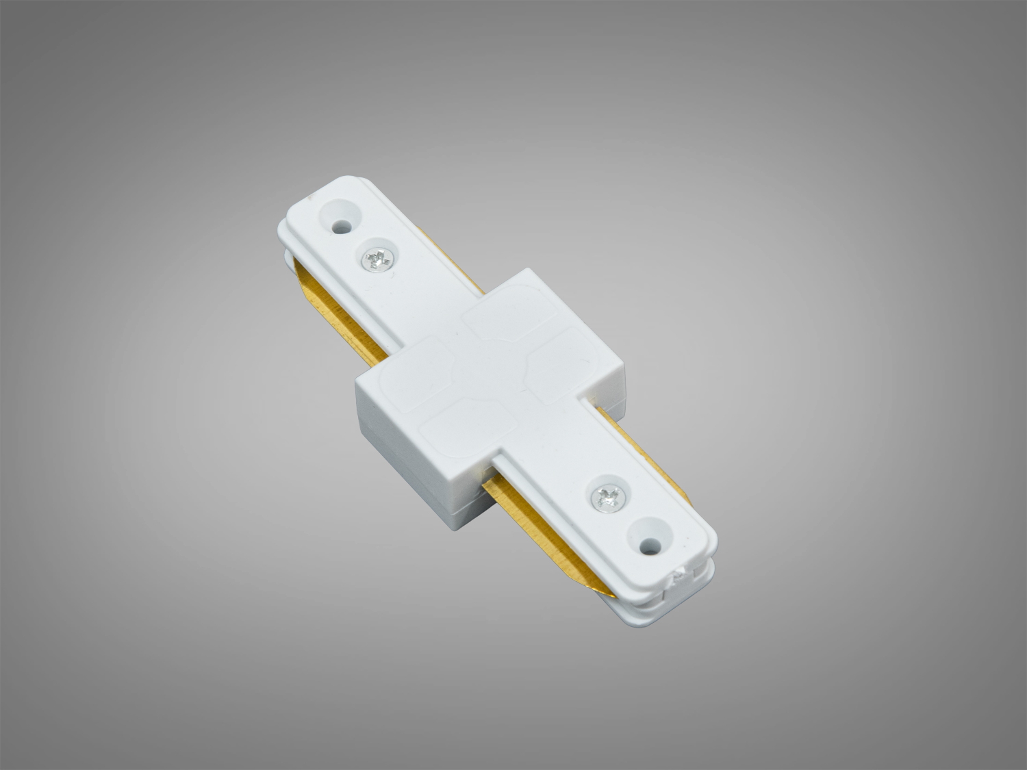 З′єднувач для трекових світильників із білим корпусом і золотистими елементами, підходить для інтер′єрного освітлення.