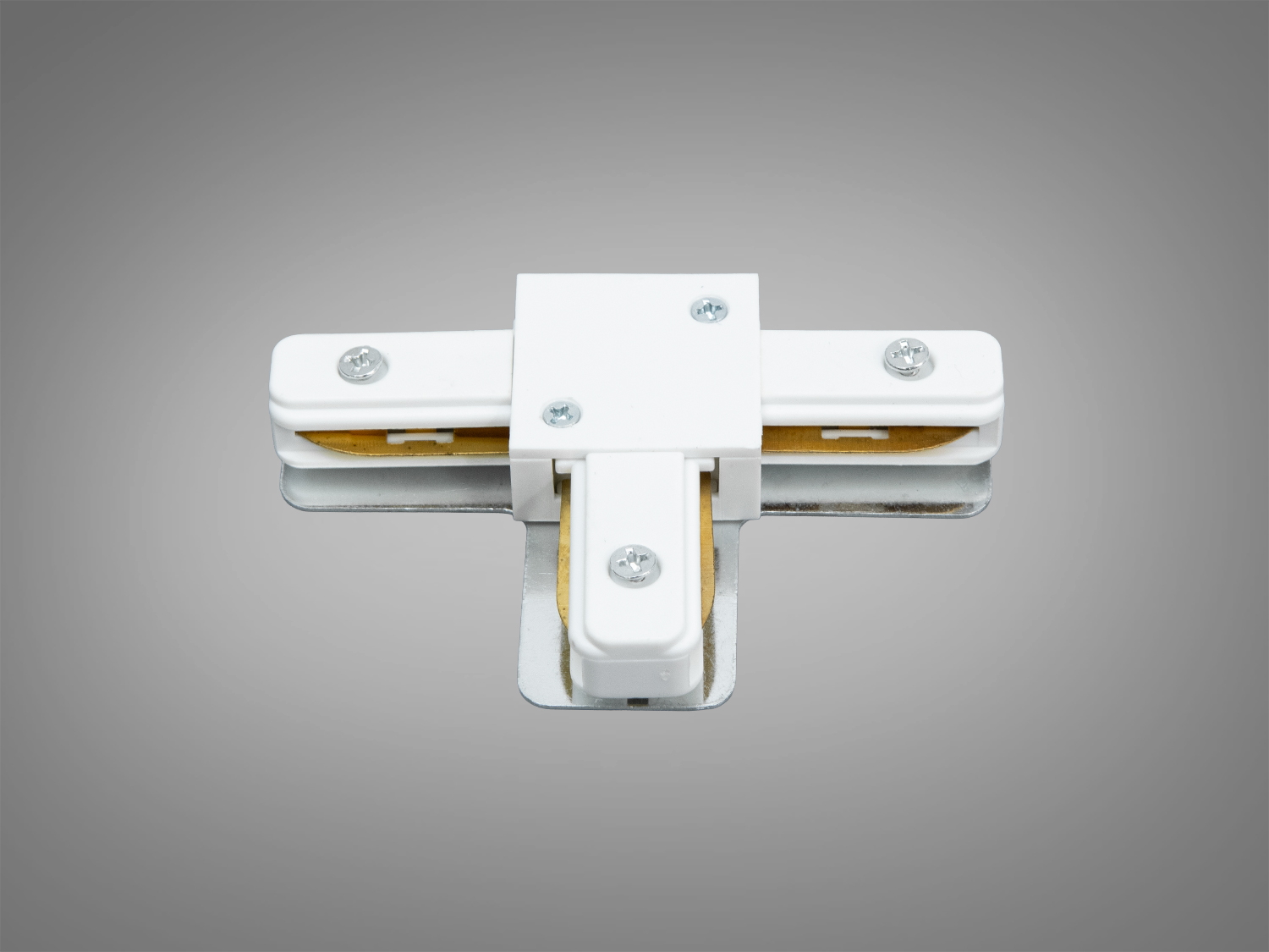 Білий Т-подібний з′єднувач для трекових систем, виготовлений з металу і пластику, забезпечує надійне з′єднання в освітлювальних системах.