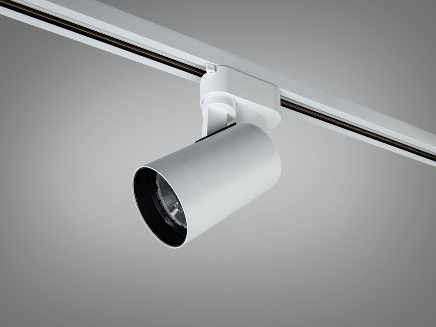 Світлодіодний трековий світильник білого кольору з можливістю повороту для регулювання напрямку світла. Використовується в торгових приміщеннях.