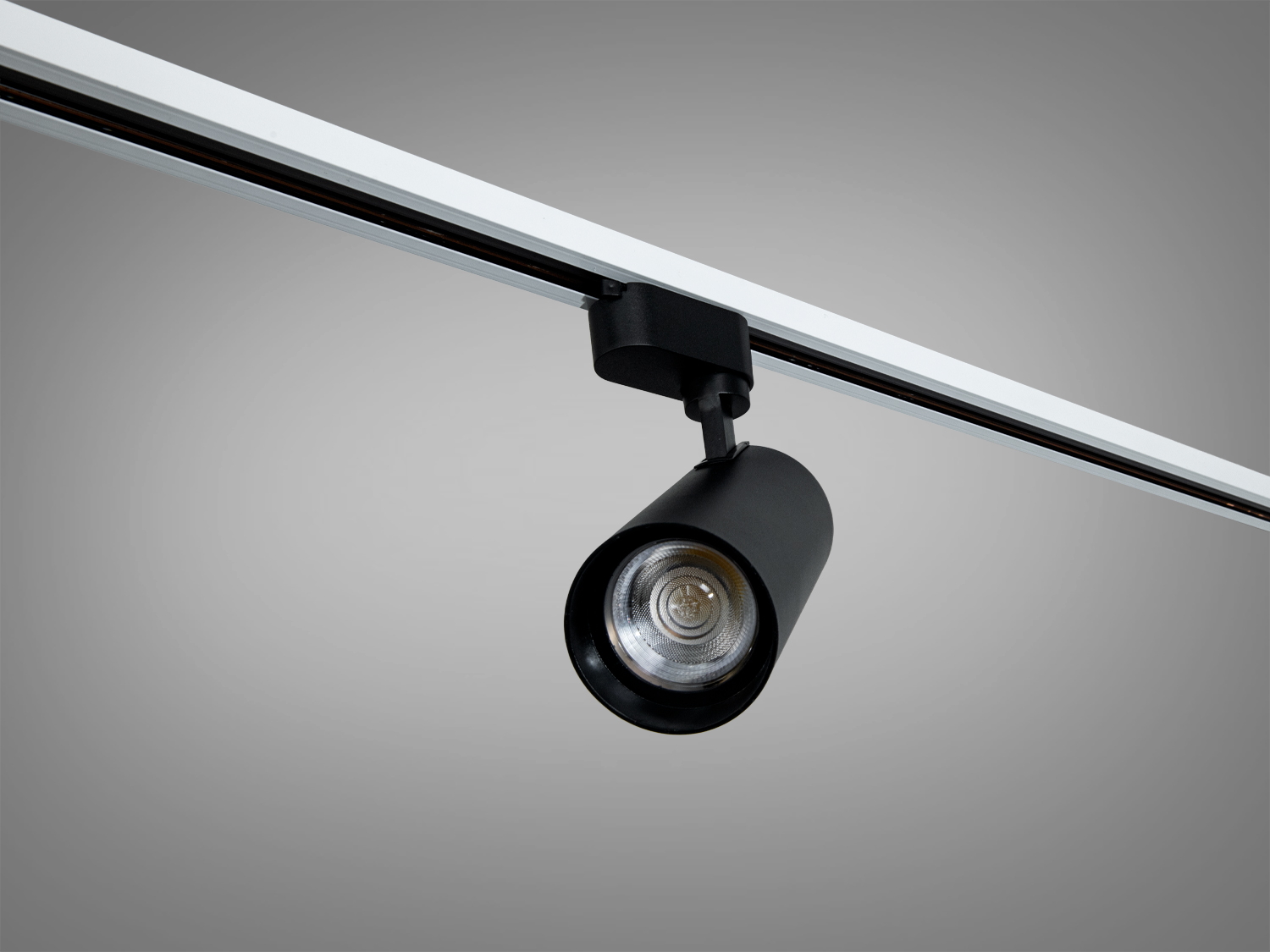 Трековий світильник чорного кольору з регульованим кутом освітлення, встановлений на стельовій рейці для гнучкого освітлення приміщень.