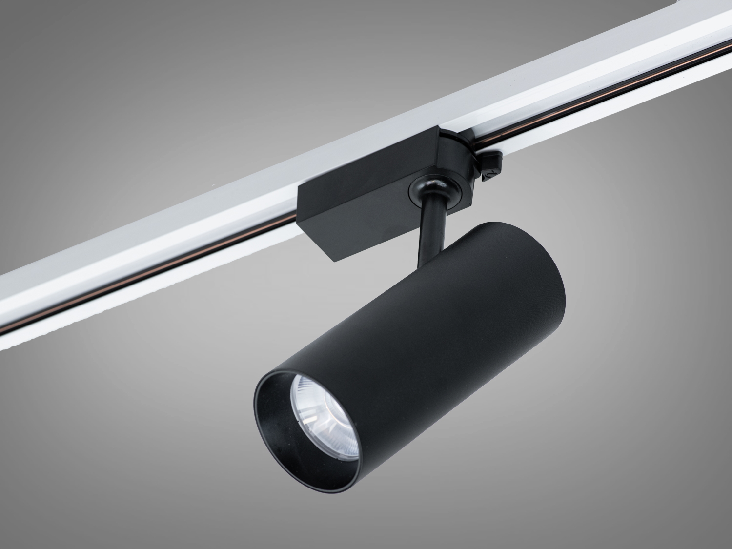 Трековий світильник чорного кольору з циліндричним корпусом, встановлений на металеву рейку, забезпечує спрямоване освітлення в інтер′єрі.